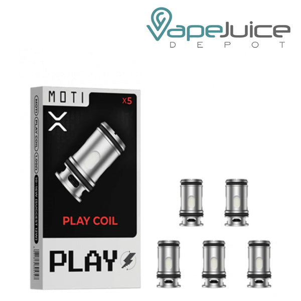 A box of Moti X Play Replacement Coils and five coils next to it - Vape Juice Depot