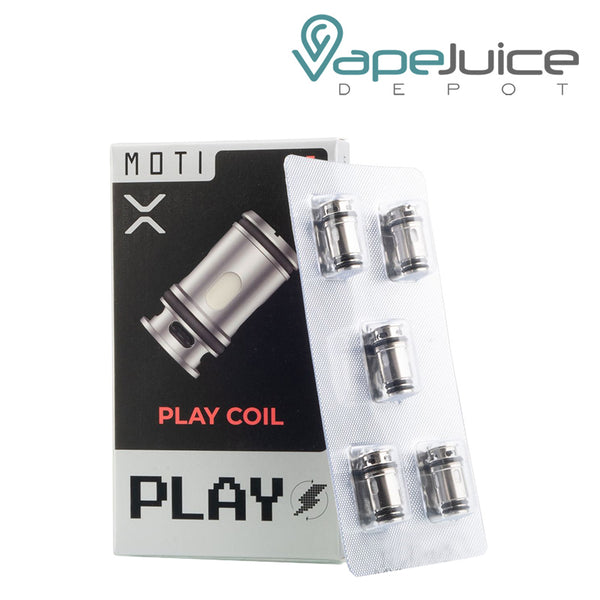 A box of Moti X Play Replacement Coils and five coils next to it - Vape Juice Depot