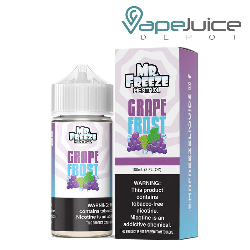 A 100ml bottle of Grape Frost Mr Freeze and a box with a warning sign next to it - Vape Juice Depot
