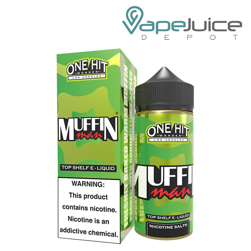 A box of Muffin Man One Hit Wonder with a warning sign and a 100ml bottle next to it - Vape Juice Depot