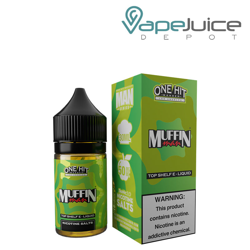 A 30ml bottle of Muffin Man Nicotine Salt eLiquids One Hit Wonder and a box with a warning sign next to it - Vape Juice Depot