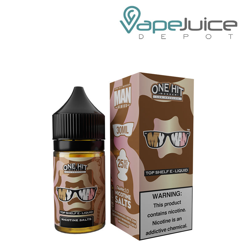 A 30ml bottle of My Man Nicotine Salt eLiquids One Hit Wonder and a box with a warning sign next to it - Vape Juice Depot
