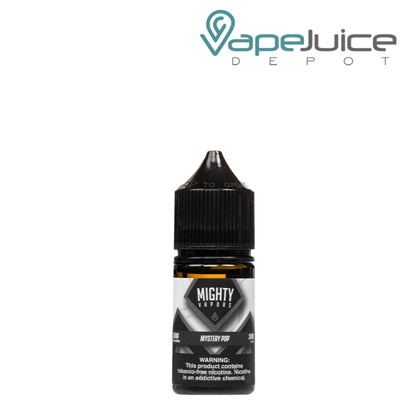 A 30ml bottle of Mystery Pop Salts Mighty Vapors with a warning sign - Vape Juice Depot