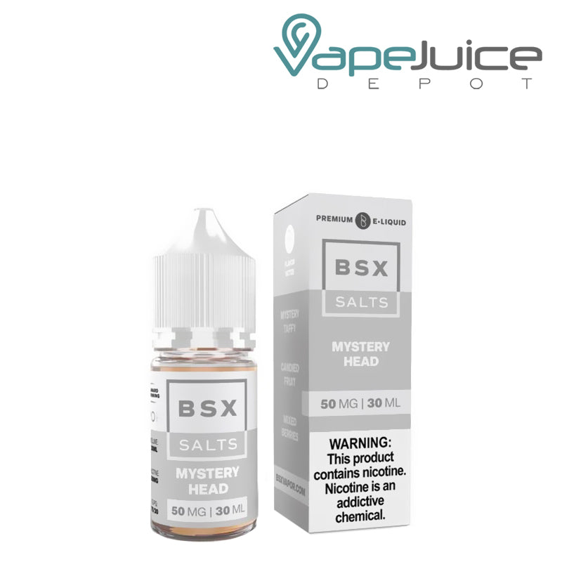 A 30ml bottle of Mystery Head BSX Salts and a box with a warning sign next to it - Vape Juice Depot