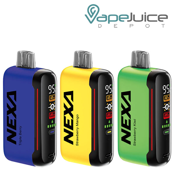 Three Flavors of NEXA N20000 Disposable Vape with display screen and firing button - Vape Juice Depot