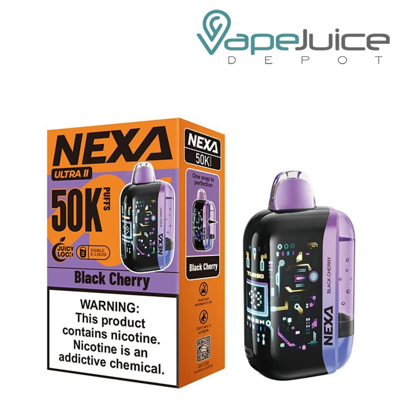 A box of a Black Cherry NEXA Ultra II 50000 Disposable with a warning sign and a device next to it - Vape Juice Depot