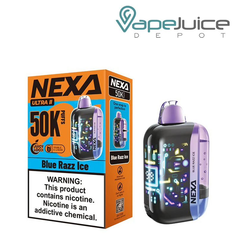 A box of a Blue Razz Ice NEXA Ultra II 50000 Disposable with a warning sign and a device next to it - Vape Juice Depot