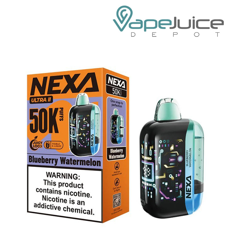 A box of a Blueberry Watermelon NEXA Ultra II 50000 Disposable with a warning sign and a device next to it - Vape Juice Depot
