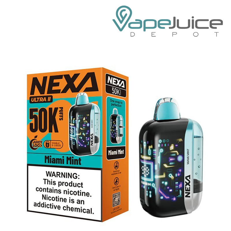 A box of a Miami Mint NEXA Ultra II 50000 Disposable with a warning sign and a device next to it - Vape Juice Depot
