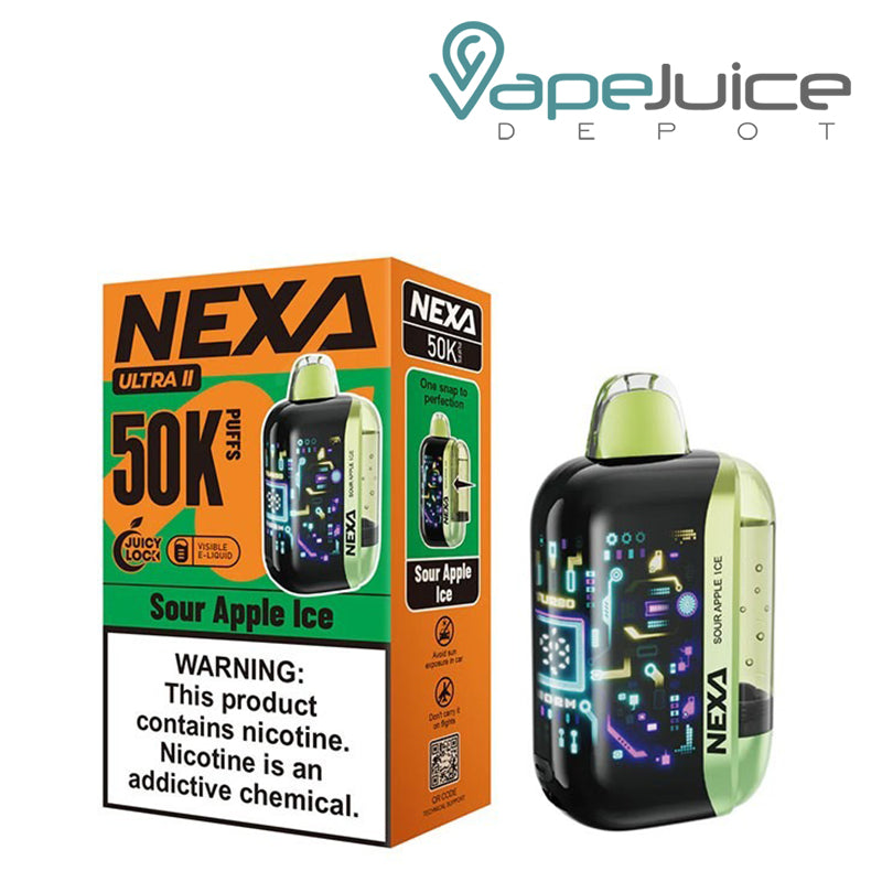 A box of a Sour Apple Ice NEXA Ultra II 50000 Disposable with a warning sign and a device next to it - Vape Juice Depot