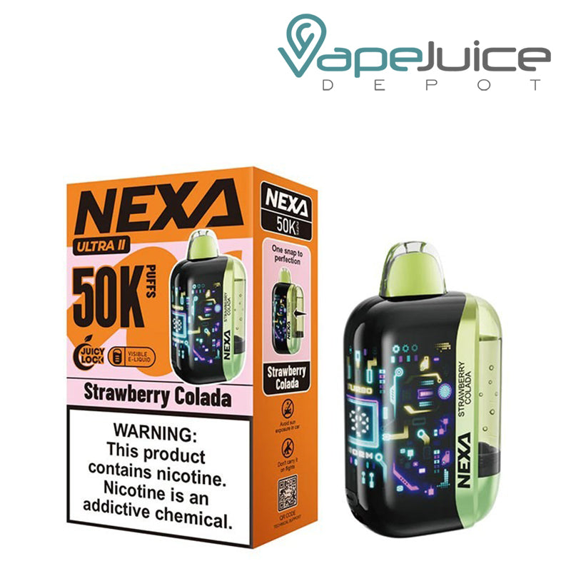 A box of a Strawberry Colada NEXA Ultra II 50000 Disposable with a warning sign and a device next to it - Vape Juice Depot