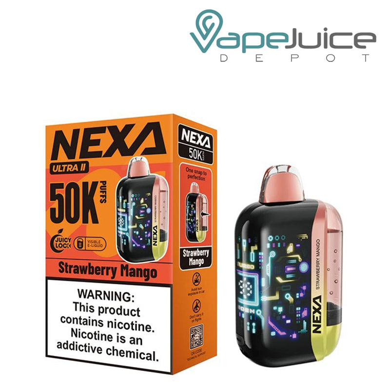 A box of a Strawberry Mango NEXA Ultra II 50000 Disposable with a warning sign and a device next to it - Vape Juice Depot