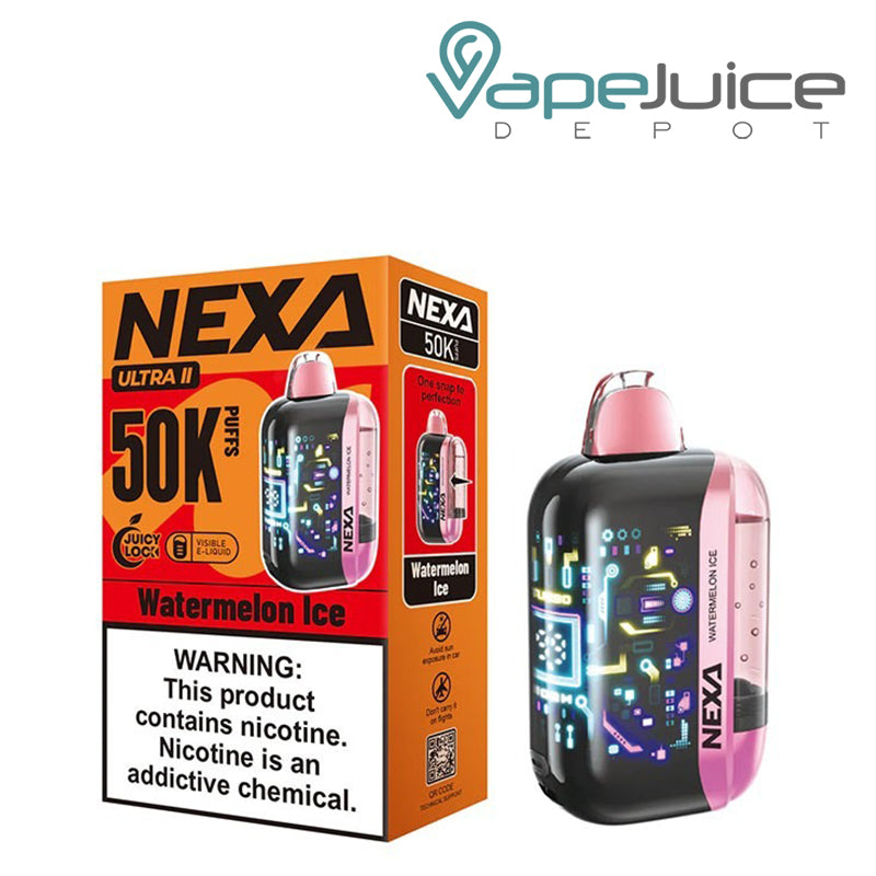 A box of a Watermelon Ice NEXA Ultra II 50000 Disposable with a warning sign and a device next to it - Vape Juice Depot