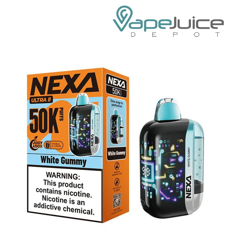 A box of a White Gummy NEXA Ultra II 50000 Disposable with a warning sign and a device next to it - Vape Juice Depot