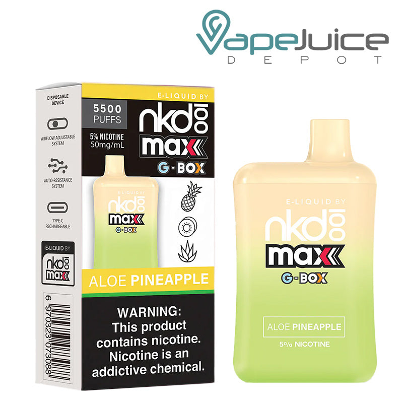 A Box of a Aloe Pineapple NKD 100 Max G-Box with a warning sign next to a  Disposable - Vape Jucie Depot