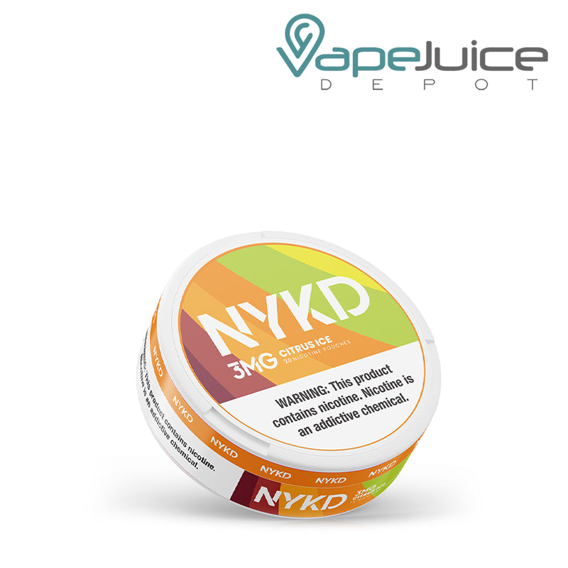 A NYKD Citrus Ice Nicotine Pouches with a warning sign - Vape Juice Depot