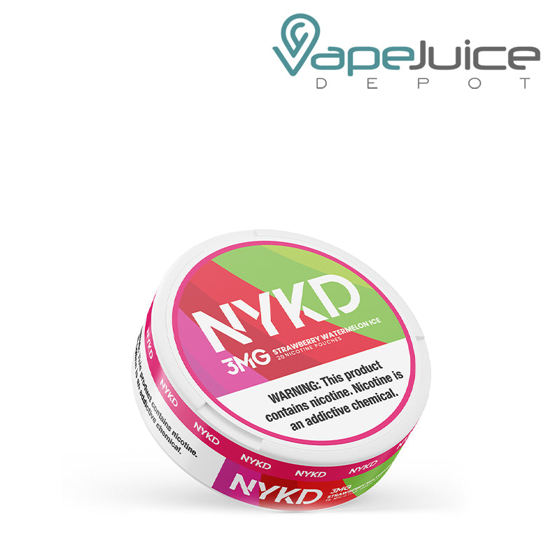 A NYKD Strawberry Watermelon Ice Nicotine Pouches with a warning sign - Vape Juice Depot