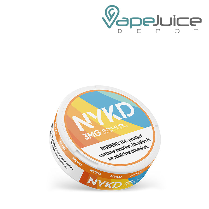 A NYKD Tropical Ice Nicotine Pouches with a warning sign - Vape Juice Depot