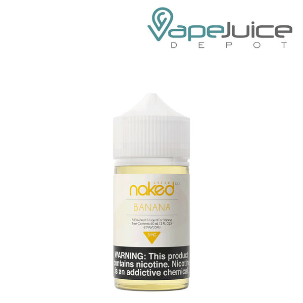 A 60ml bottle of Banana Naked 100 Cream with a warning sign - Vape Juice Depot