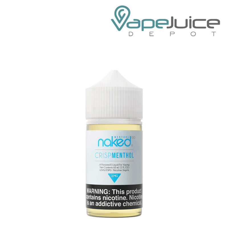 A 60ml bottle of Crisp Menthol Naked 100 Menthol with a warning sign - Vape Juice Depot