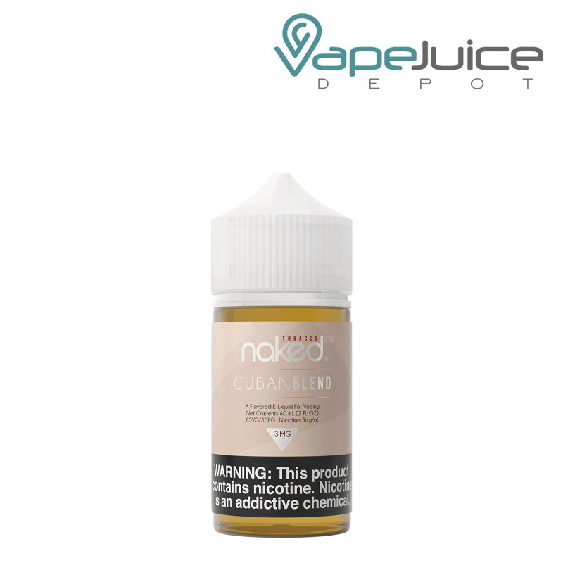 A 60ml bottle of Cuban Blend Naked 100 Tobacco with a warning sign - Vape Juice Depot