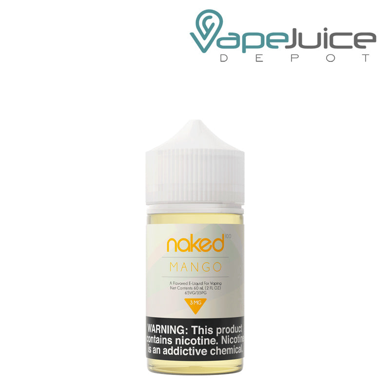 A 60ml bottle of Naked 100 Mango eLiquid with a warning sign - Vape Juice Depot