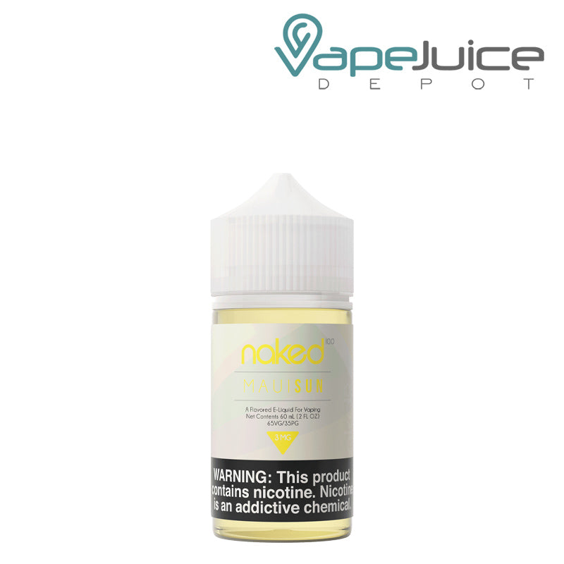 A 60ml bottle of Naked 100 Maui Sun eLiquid with a warning sign - Vape Juice Depot