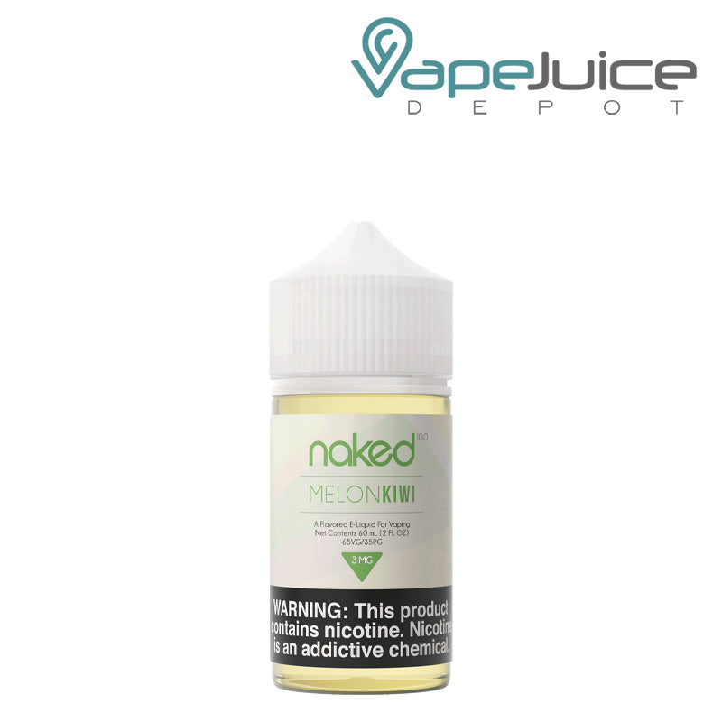 A 60ml bottle of Naked 100 Melon Kiwi eLiquid with a warning sign - Vape Juice Depot