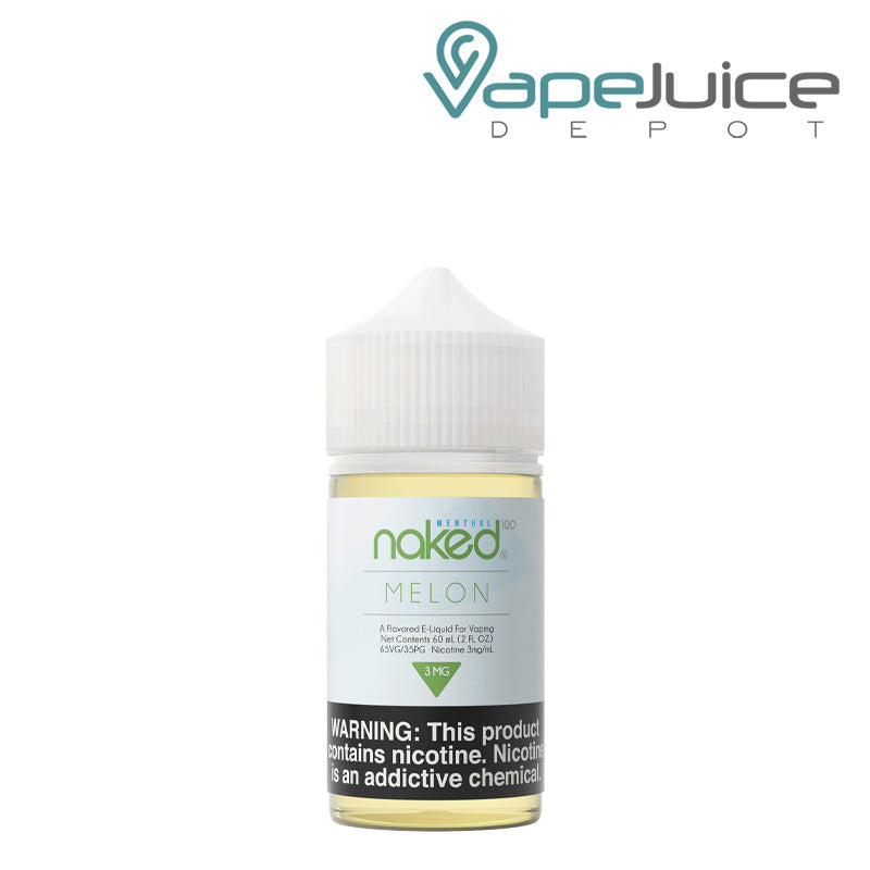 A 60ml bottle of Melon Naked 100 Menthol with a warning sign - Vape Juice Depot