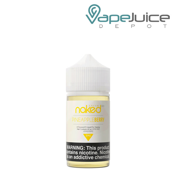 A 60ml bottle of Naked 100 Cream Pineapple Berry eLiquid with a warning sign - Vape Juice Depot