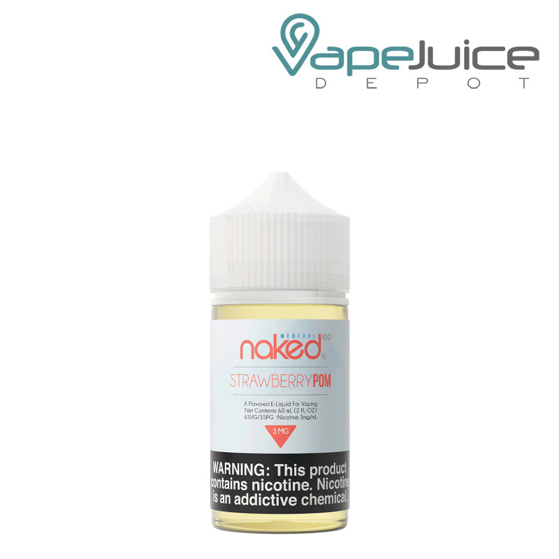 A 60ml bottle of Naked 100 Menthol Strawberry Pom eLiquid with a warning sign - Vape Juice Depot