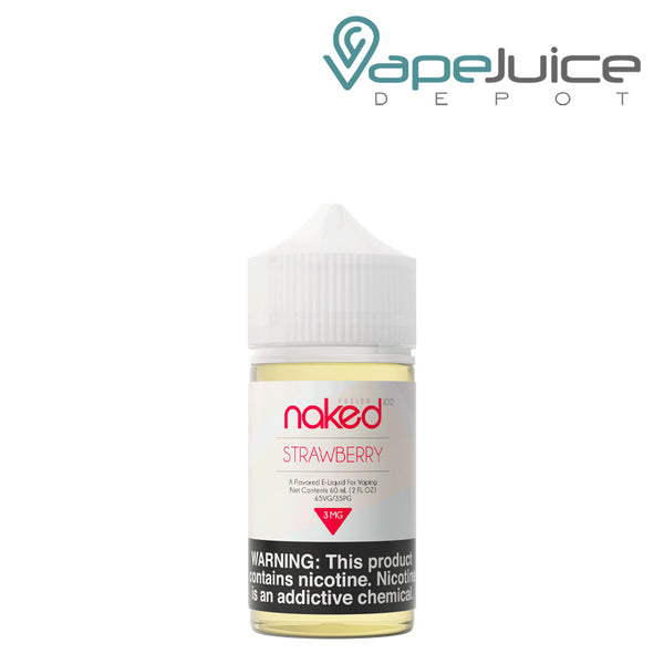 A 60ml bottle of Naked 100 Fusion Strawberry eliquid with a warning sign - Vape Juice Depot