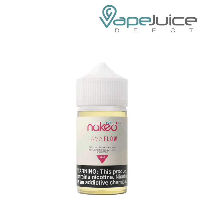 A 60ml bottle of Naked 100 Lava Flow eLiquid with a warning sign - Vape Juice Depot