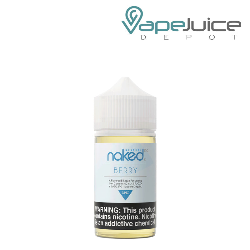 A 60ml bottle of Naked 100 Menthol Berry eLiquid with a warning sign - Vape Juice Depot