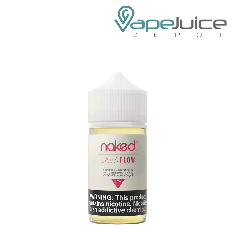 A 60ml bottle of Naked 100 Lava Flow ICE eLiquid with a warning sign - Vape Juice Depot