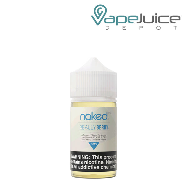A 60ml bottle of Naked 100 Really Berry eLiquid with a warning sign - Vape Juice Depot