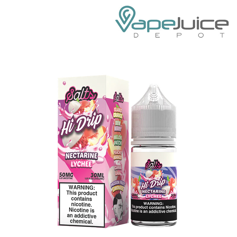 A box of 50mg Nectarine Lychee Hi-Drip Salts and a 30ml bottle with a warning sign next to it - Vape Juice Depot