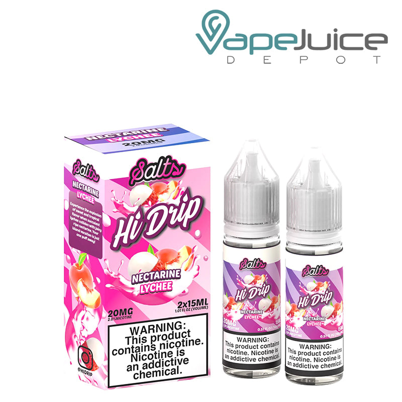 A box of Nectarine Lychee Hi-Drip Salts and two 15ml bottles with a warning sign next to it - Vape Juice Depot