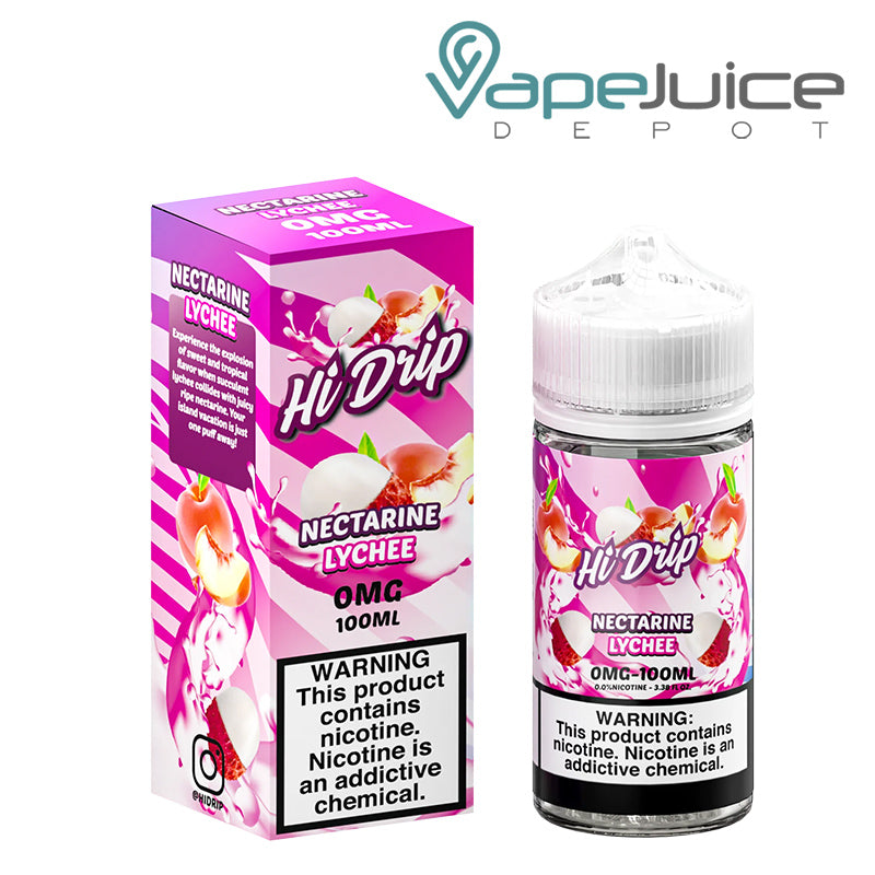 A box of 0mg Nectarine Lychee Hi-Drip eLiquid and a 100ml bottle with a warning sign next to it - Vape Juice Depot