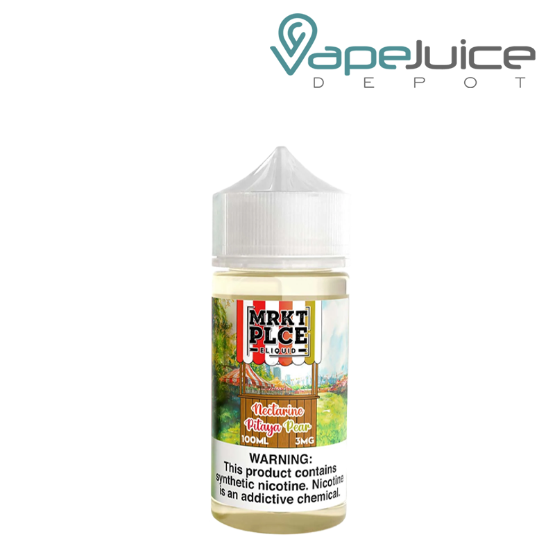 A 100ml bottle of Nectarine Pitaya Pear MRKTPLCE eLiquid with a warning sign - Vape Juice Depot