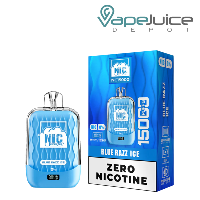 A Blue Razz Ice Nic Less NC15000 ZERO Nicotine Disposable and a box next to it - Vape Juice Depot
