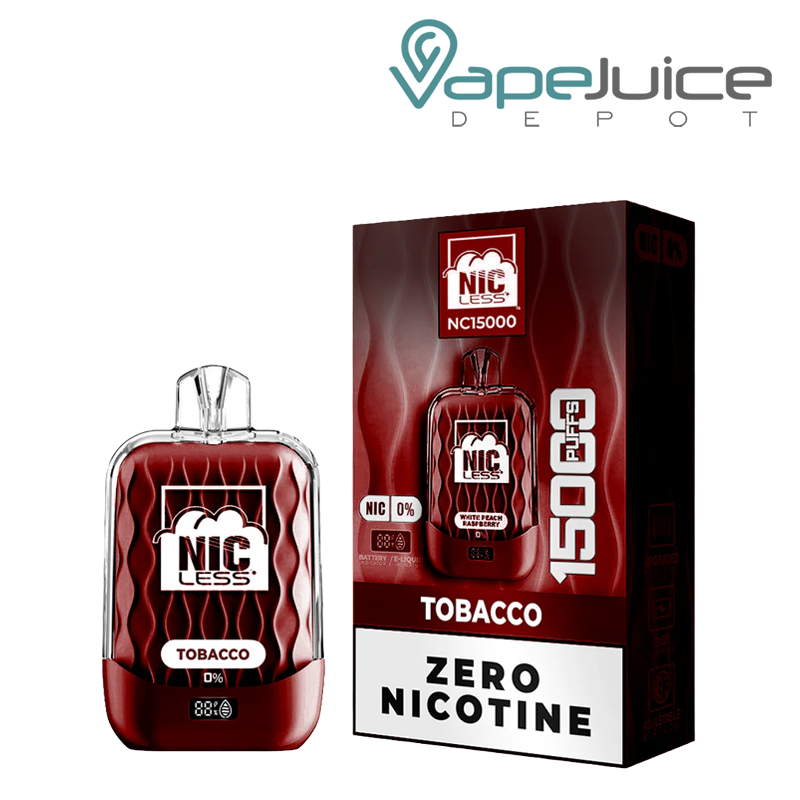 A Nic Less NC15000 ZERO Nicotine Tobacco Disposable and a box text to it - Vape Juice Depot