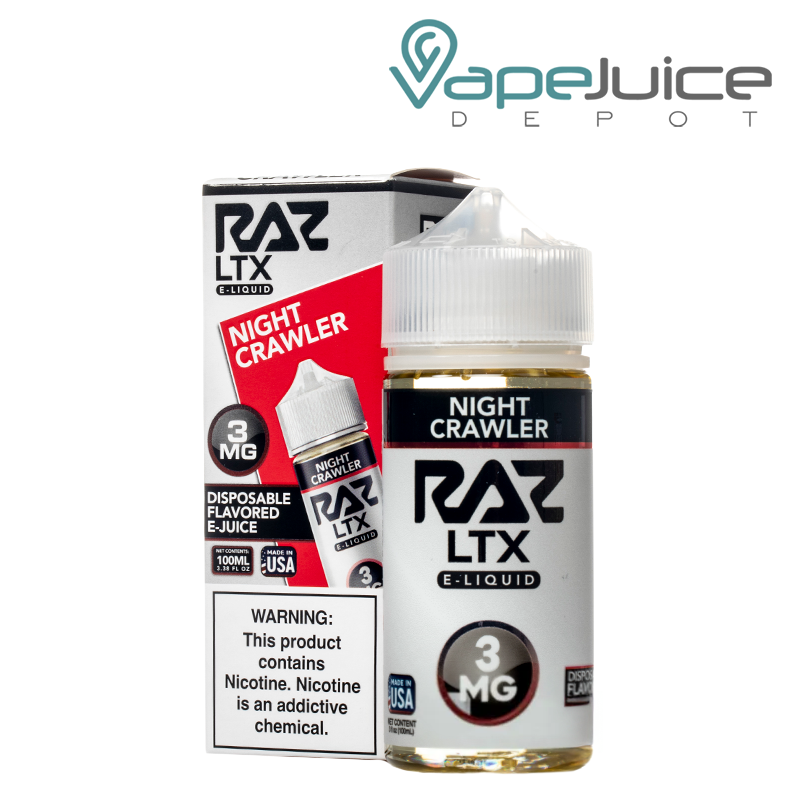 A box of Night Crawlers Pod Juice x Raz LTX eLiquid with a warning sign and a 100ml bottle next to it - Vape Juice Depot
