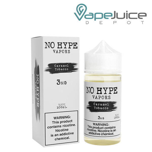 A box of Caramel Tobacco No Hype Vapors with a warning sign and a 100ml bottle next to it - Vape Juice Depot