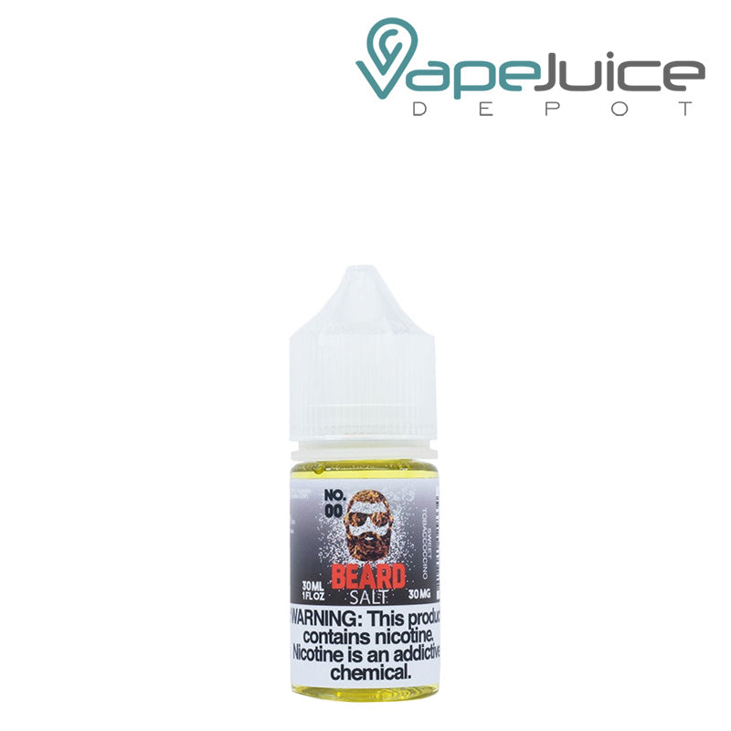 A 30ml bottle of No. 00 Sweet Tobaccoccino Beard Salts with a warning sign - Vape Juice Depot