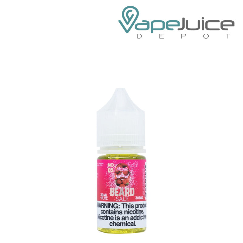 A 30ml bottle of No. 05 Cheesecake Strawberries Beard Salts with a waring sign - Vape Juice Depot