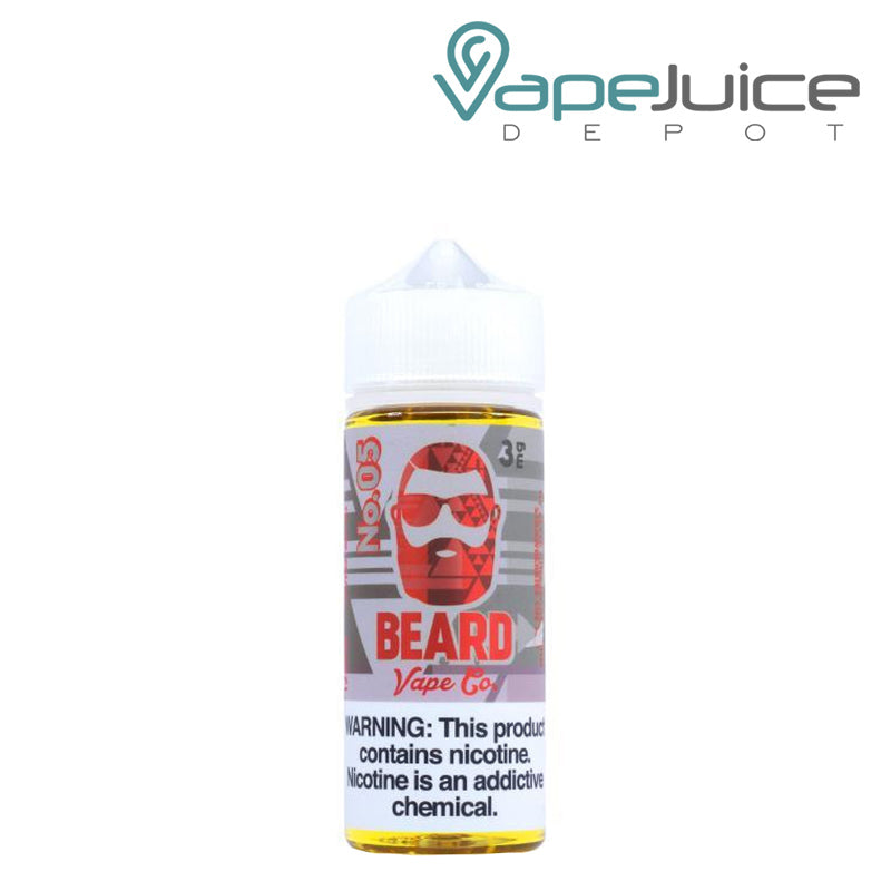 A 120ml bottle of No. 05 Strawberry Cheesecake Beard Vape Co 3mg with a warning sign - Vape Juice Depot