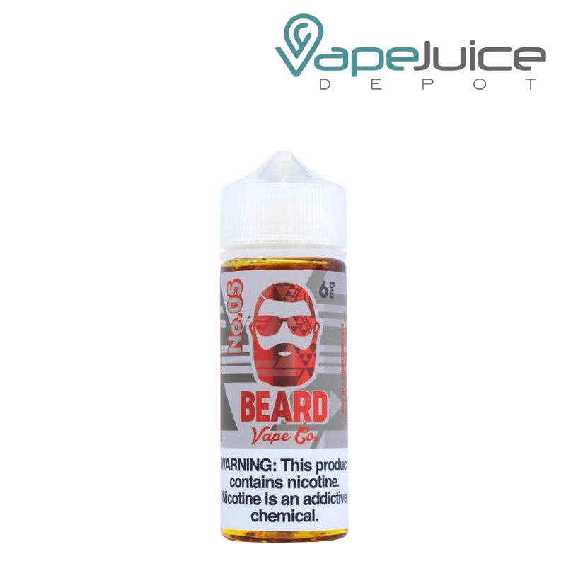 A 120ml bottle of No. 05 Strawberry Cheesecake Beard Vape Co 6mg with a warning sign - Vape Juice Depot