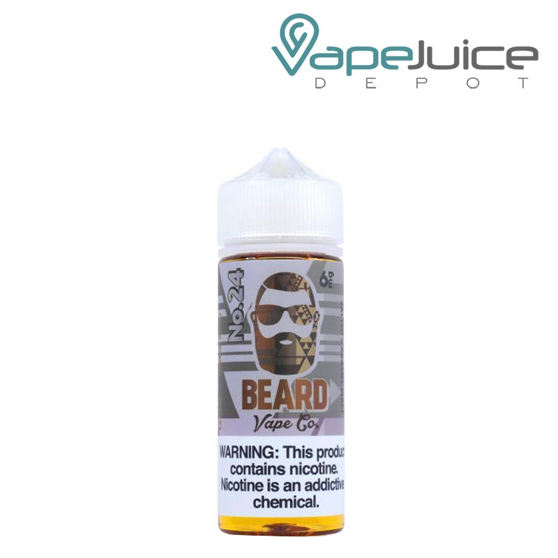 A 120ml bottle of No. 24 Salted Caramel Malt Beard Vape Co 6mg with a warning sign - Vape Juice Depot