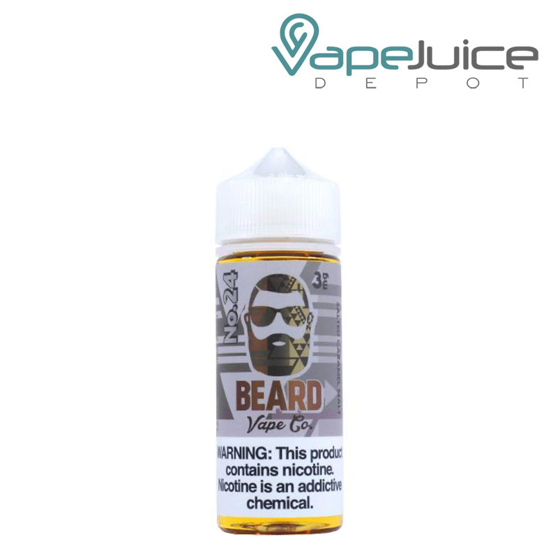 A 120ml bottle of No. 24 Salted Caramel Malt Beard Vape Co 3mg with a warning sign - Vape Juice Depot